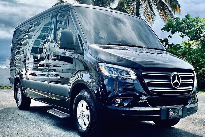Puerto Rico Island Wide Private Transfers, 11Pax Lux Sprinter Van - Inside the Mercedes Sprinter: AC, leather seats, tinted windows, and tall headroom